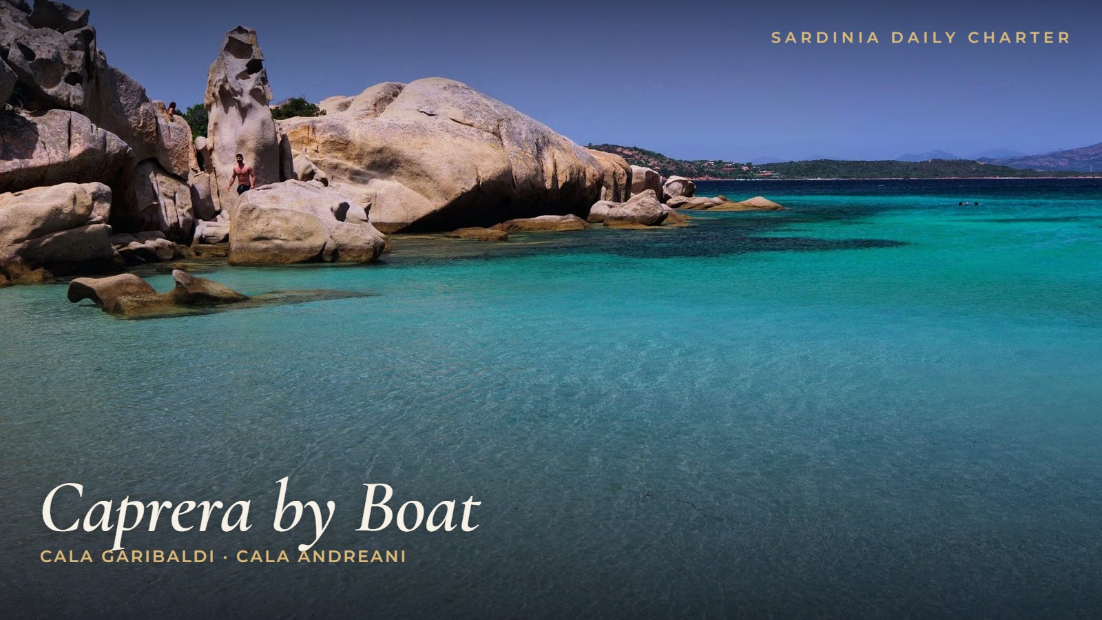 Cala Garibaldi beach in Caprera seen from a sailing boat, La Maddalena archipelago